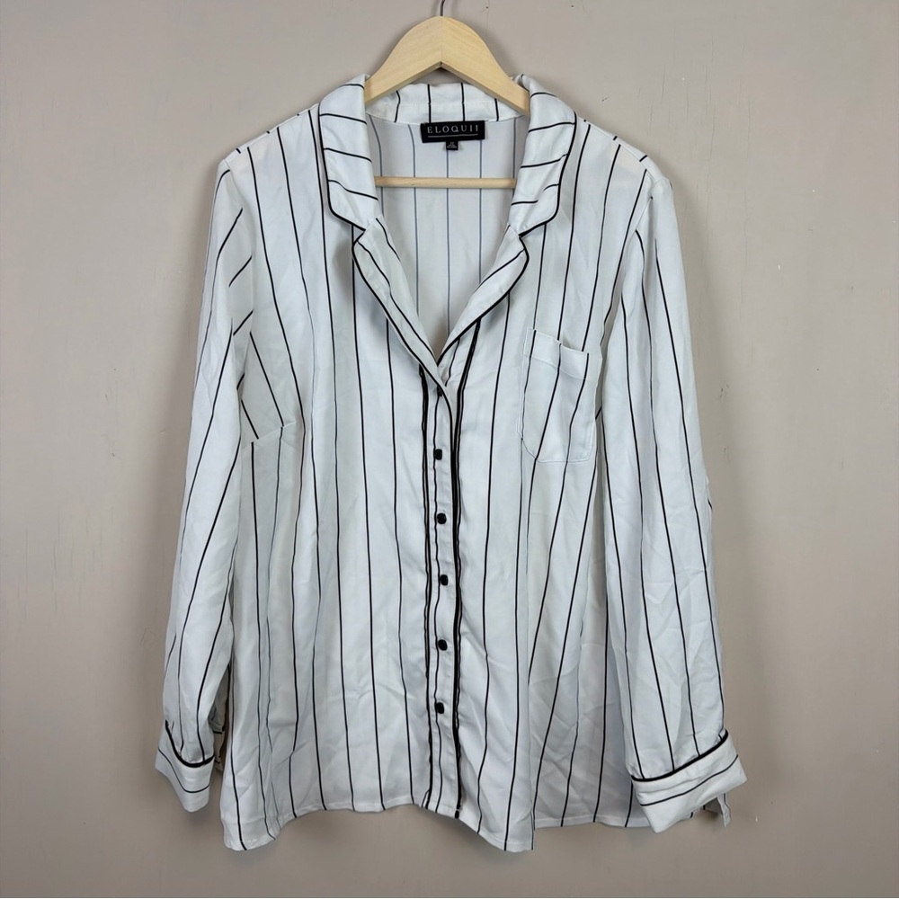 Eloquii Striped Button Front Blouse Size 22 Black White Workwear Top Career